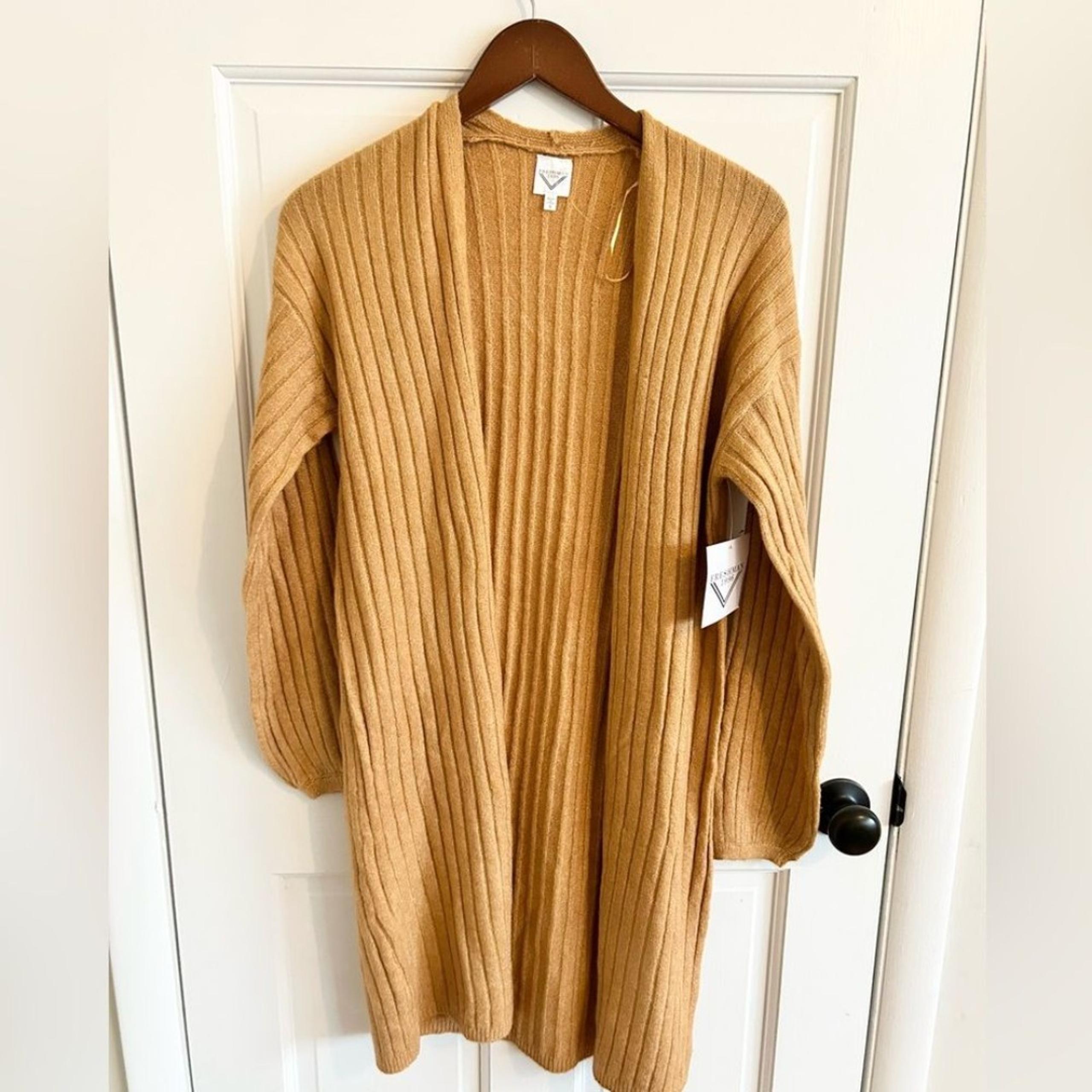 Freshman 1996 brown tan camel long ribbed knit cardigan open sweater size S new