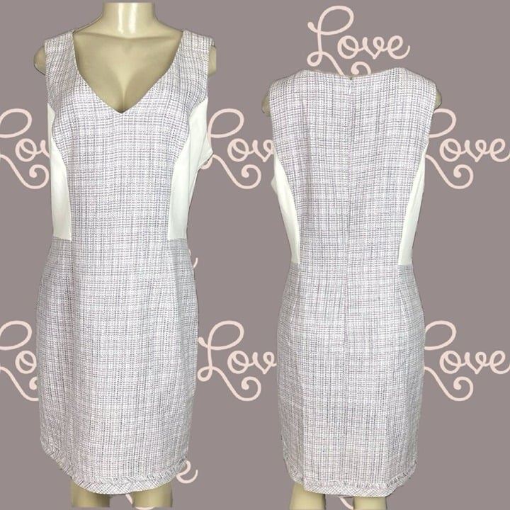 WHBM 14 Gray-Lilac Tweed Fringe Trim Hem V-Neckline Sleeveless Above Knee Dress