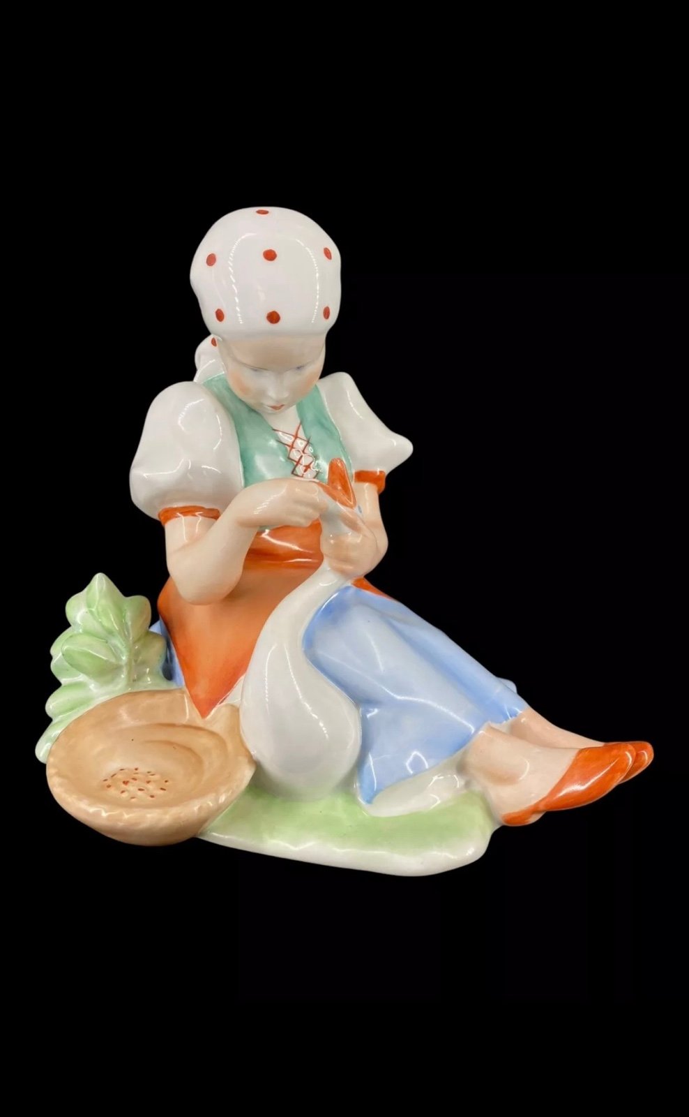 Vintage Hungarian Zsolnay Hand Painted Figurine Young Girl Feeding The Goose