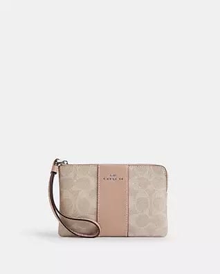 Coach Corner Zip Wristlet In Signature Canvas With Stripe (Silver/Tan/Taupe)