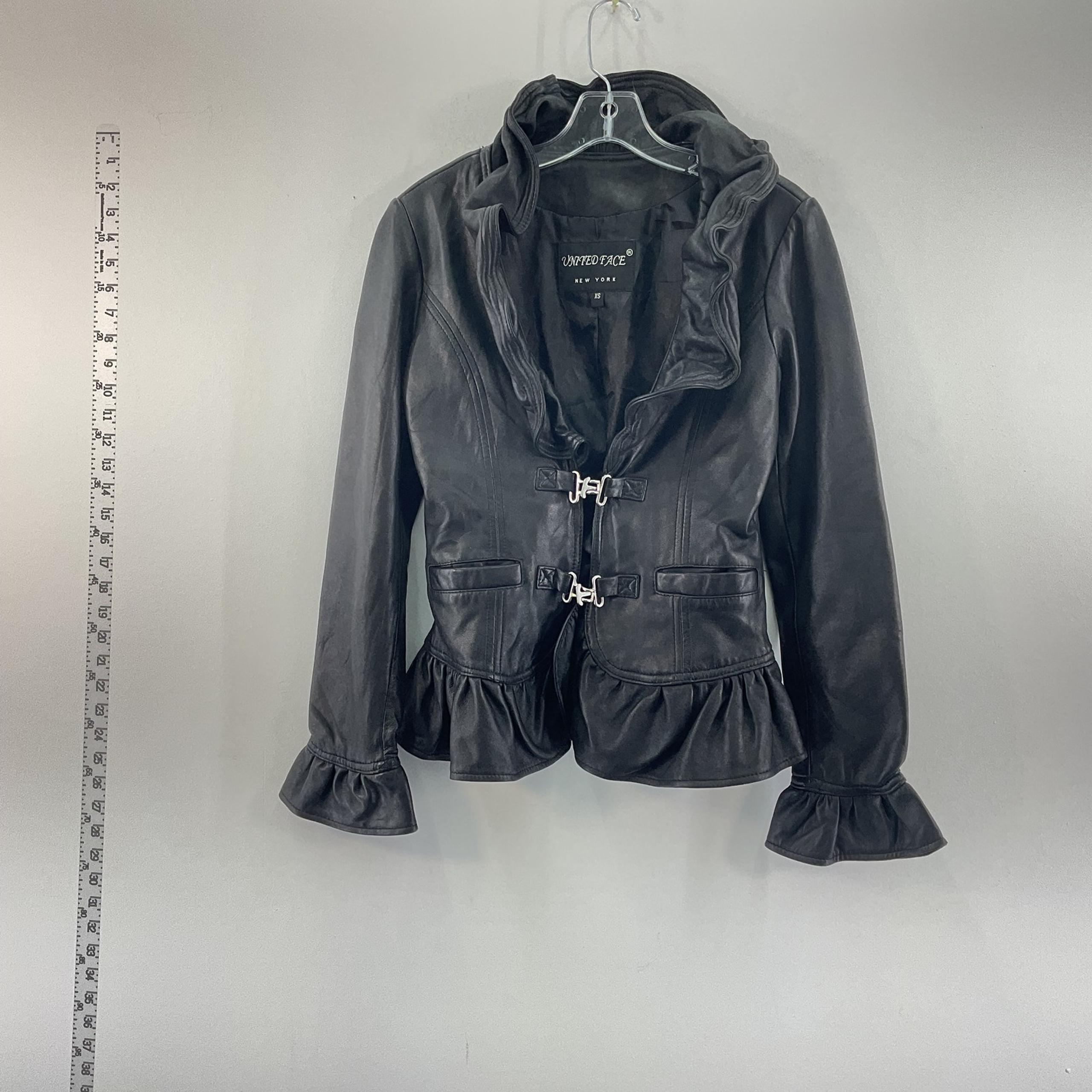 United Face Black Ruffled Leather Biker Jacket - Women's XS