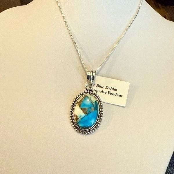 Southwestern Ice Blue Dahlia Turquoise Oval Pendant Necklace Sterling Silver