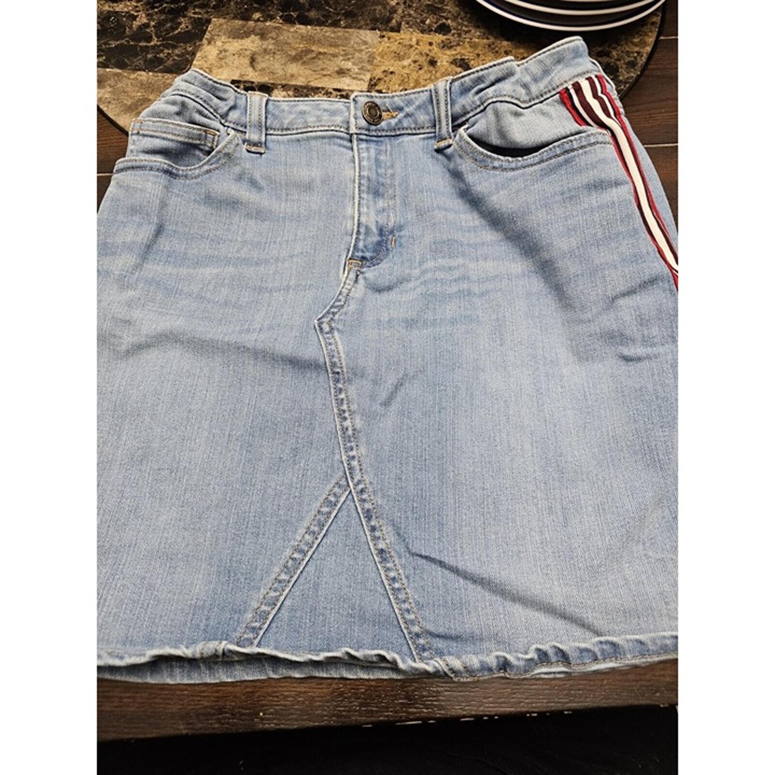 Lands End Red Striped Blue Denim Jean Mini Skirt Stretchy Women's Size 14