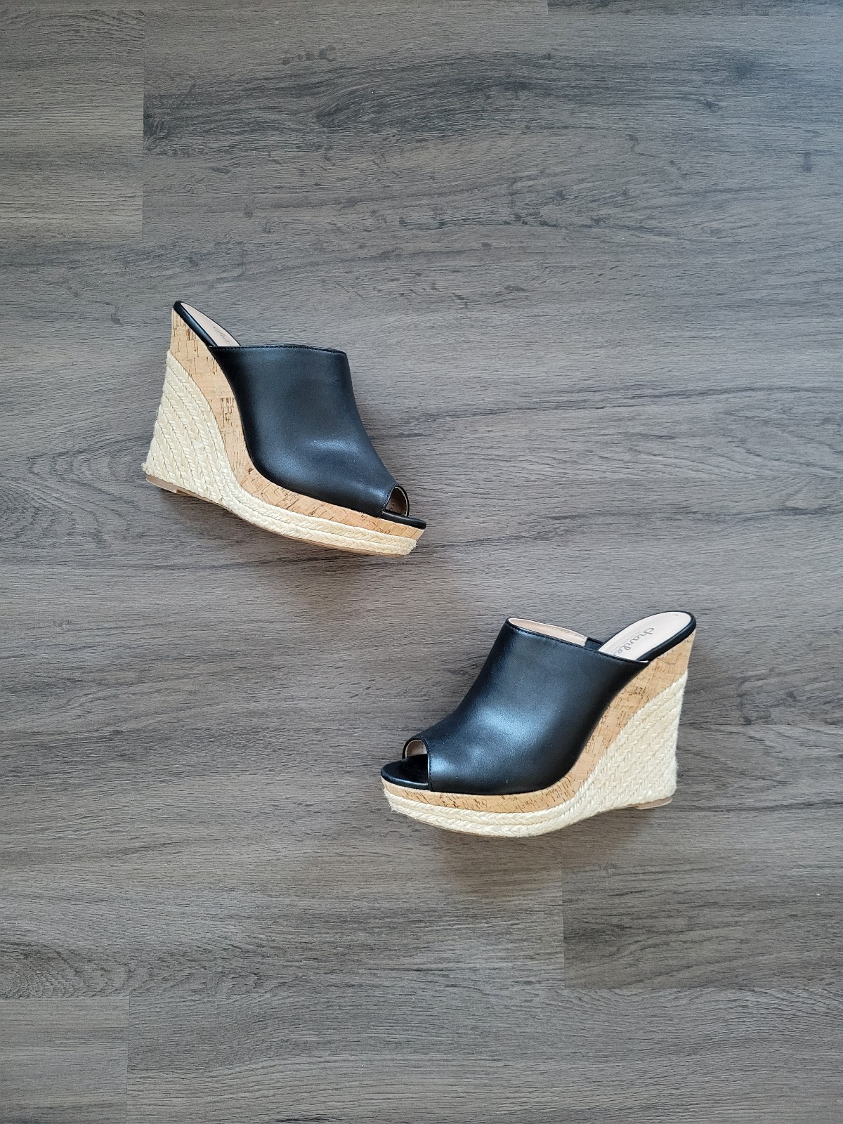 Charles by Charles David Black Leather Cork Open Toe Wedges Size 8.5