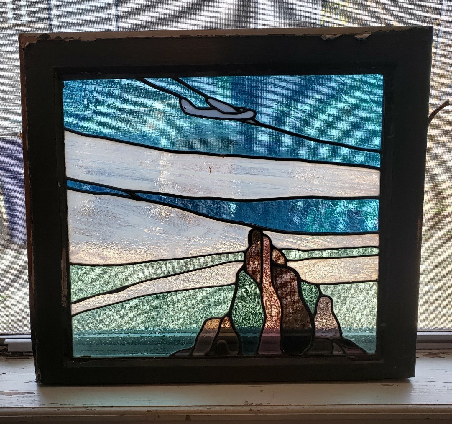 Antique Stained Glass Window With Original Window Frame