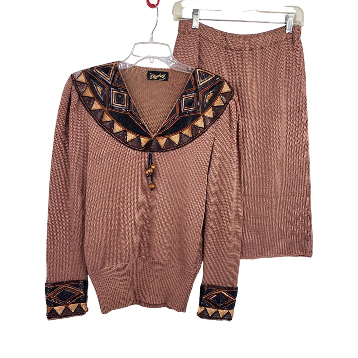 Vintage Elizabeth New York knit beaded sweater skirt set size M-L creamy brown
