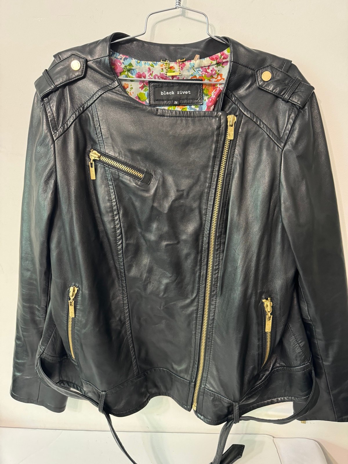 BLACK RIVET LEATHER MOTORCYCLE SIDE ZIP FITTED JACKET 2x new