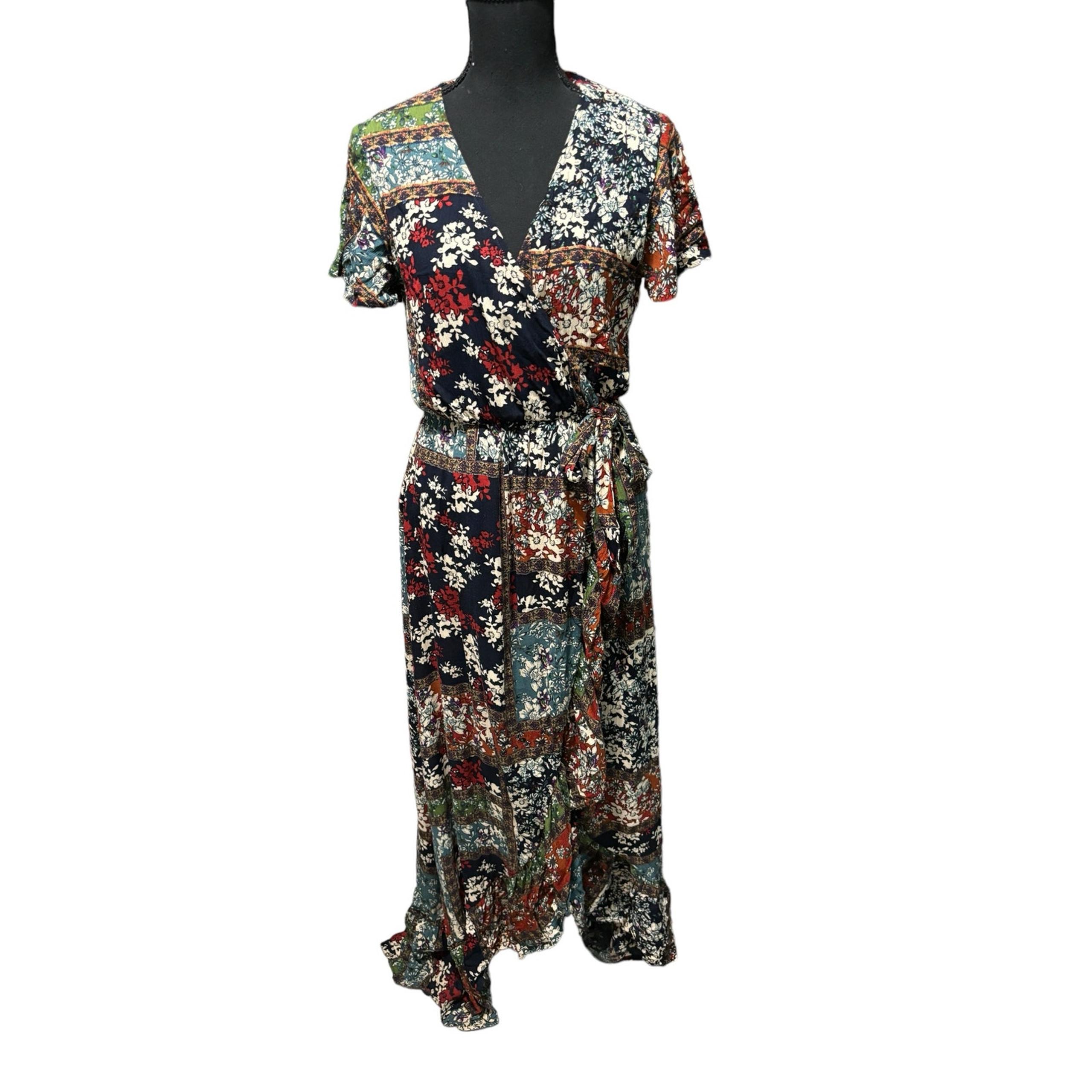 Peach Love California Wrap Maxi Dress S Multicolor Short Sleeve Floral Vacation