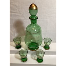 Bohemian Italian Glass Green Gold Gilt Decanter With Four matching Cordials Set