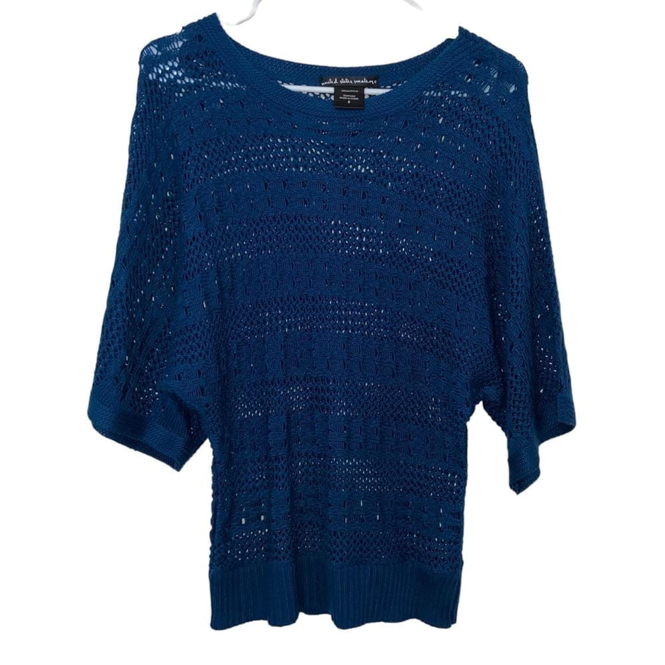 United States Sweaters Women Blue Round Neck Knit 3/4 Sleeve Sweater Size Small