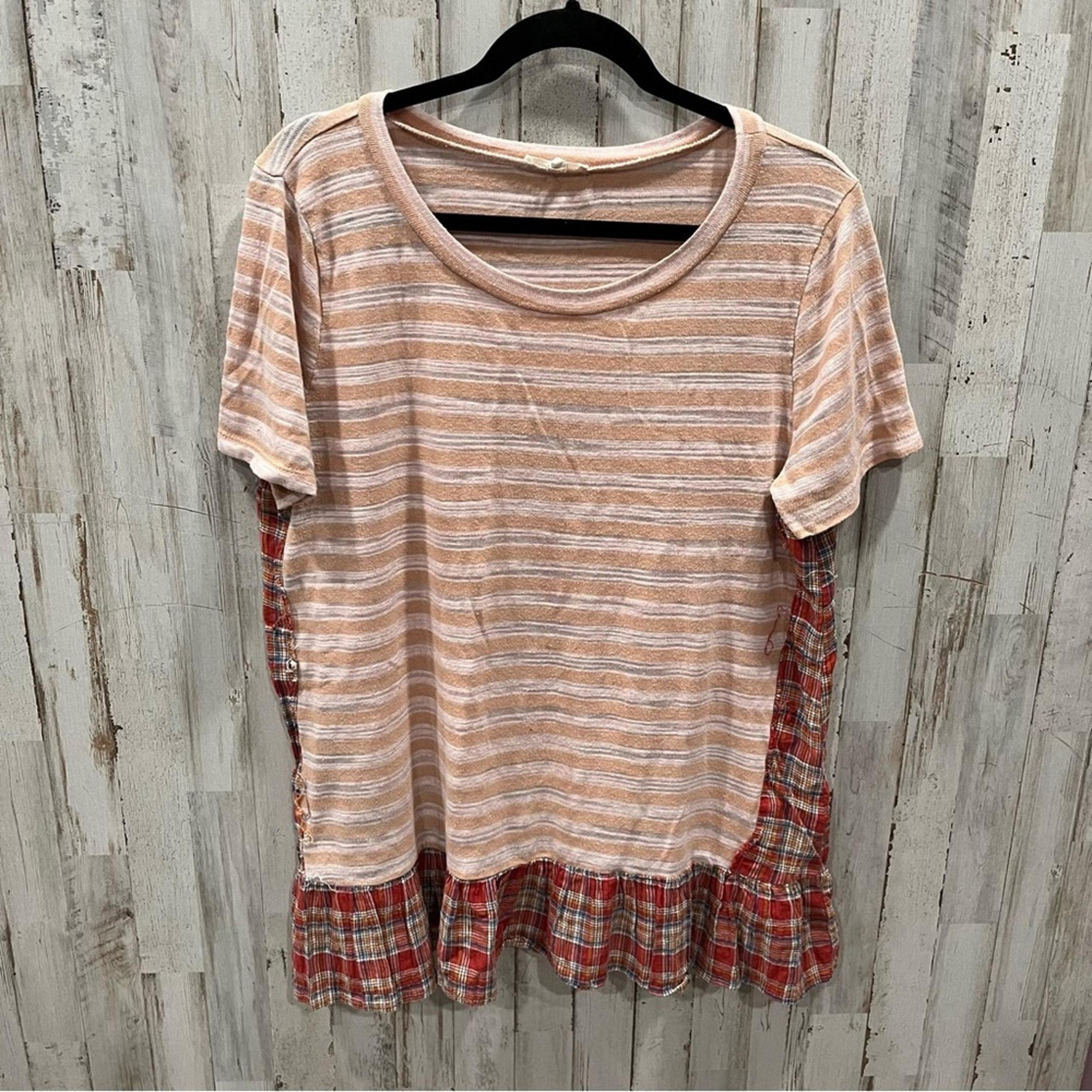 Easel Mixed Media Stripe Plaid Tunic Loose Fit Tshirt Linen Blend