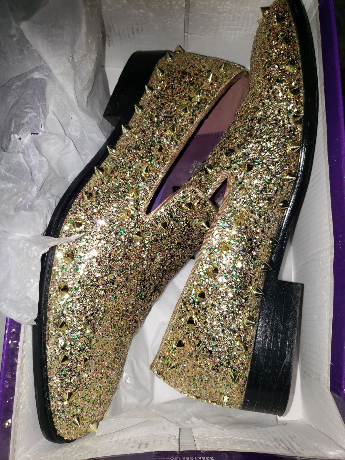 AM 6769 Mens Gold Glitter Spike Studded Dress Loafers Shoes