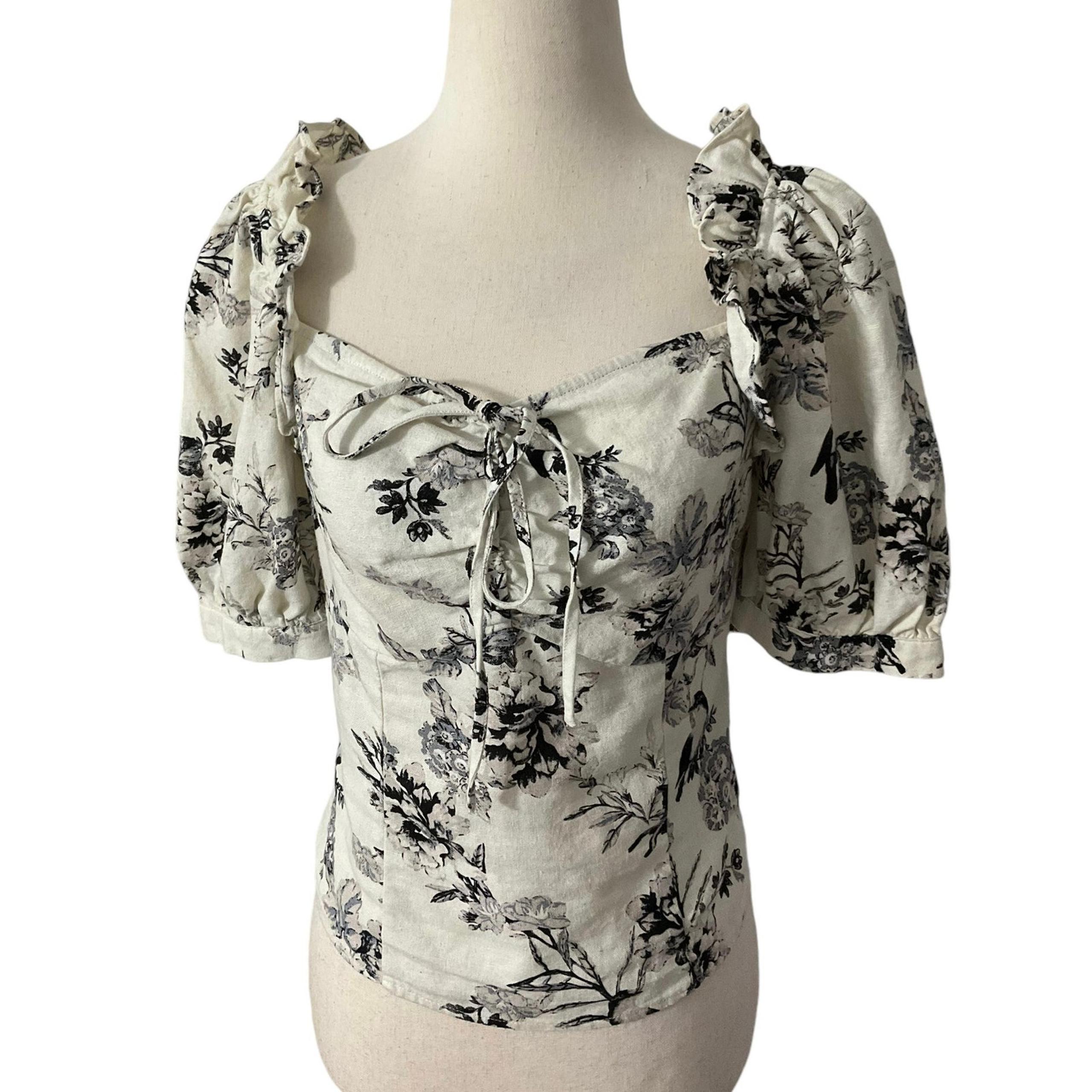 Who What Wear Ivory Floral Linen Shirt Women Top Size Small | 56-42