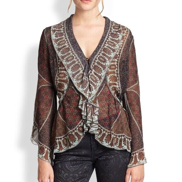 Marchesa Voyage Silk sheer ruffle BELL SLEEVE Asymmetric Hem Print blouse 6 M