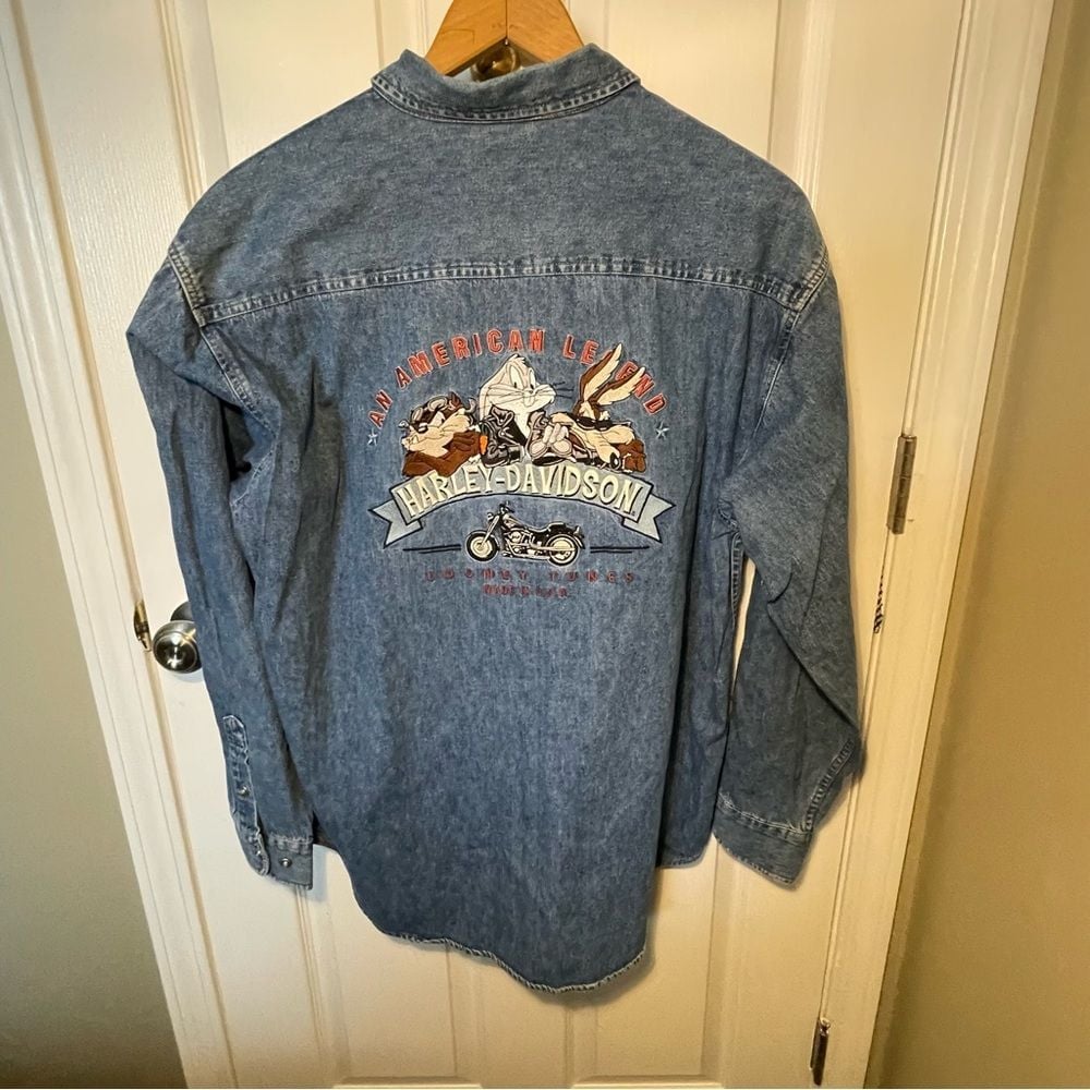 Harley Davidson An American Legend Looney Tunes Denim Warner Bros Shirt Size L