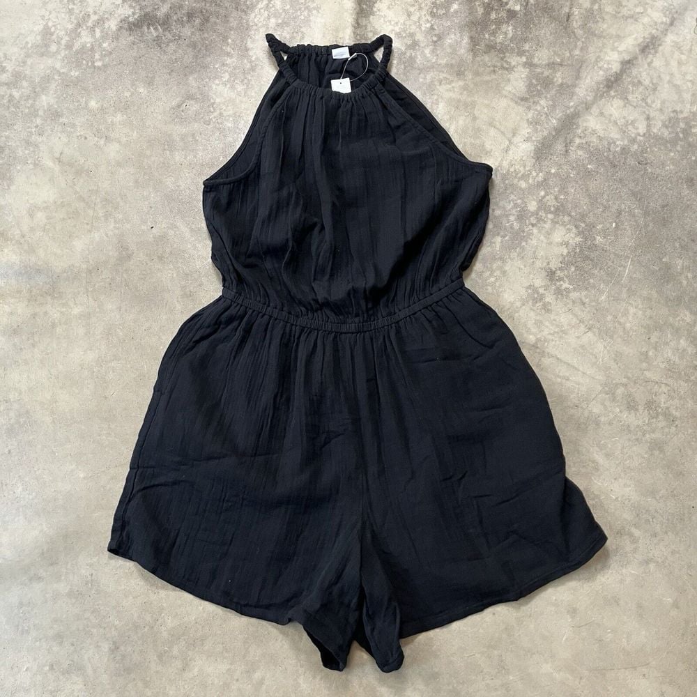 Gap Romper Womens Medium Black Halter Cotton Pockets Cinched Waist