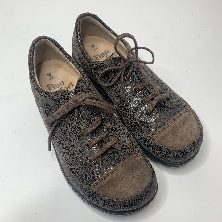 Finn Comfort Brown Patent Lizard Print Leather Lace Up Sneaker Shoes Womens 6.5