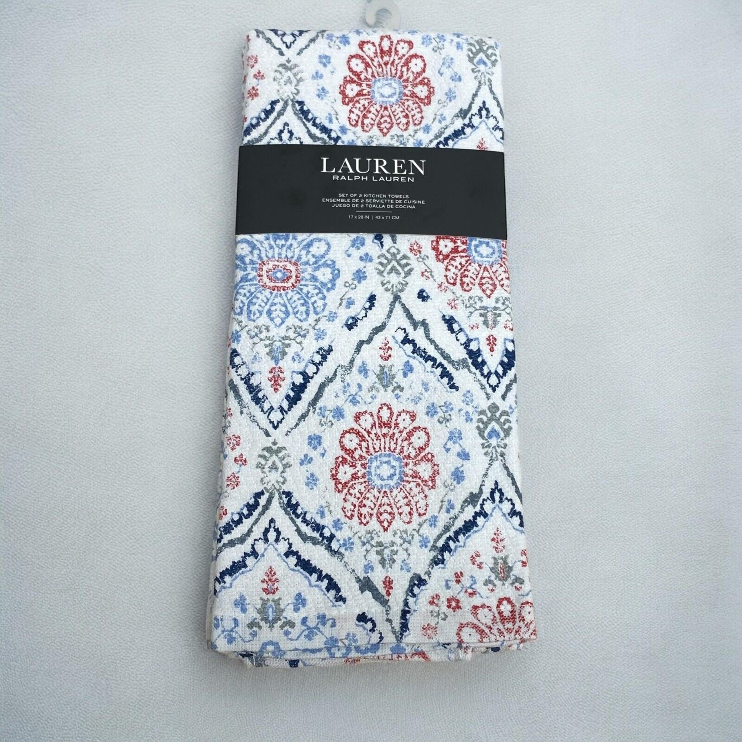 Lauren Ralph Lauren Set of 2 Red White Blue Floral Kitchen Towels 17 in X 28 in