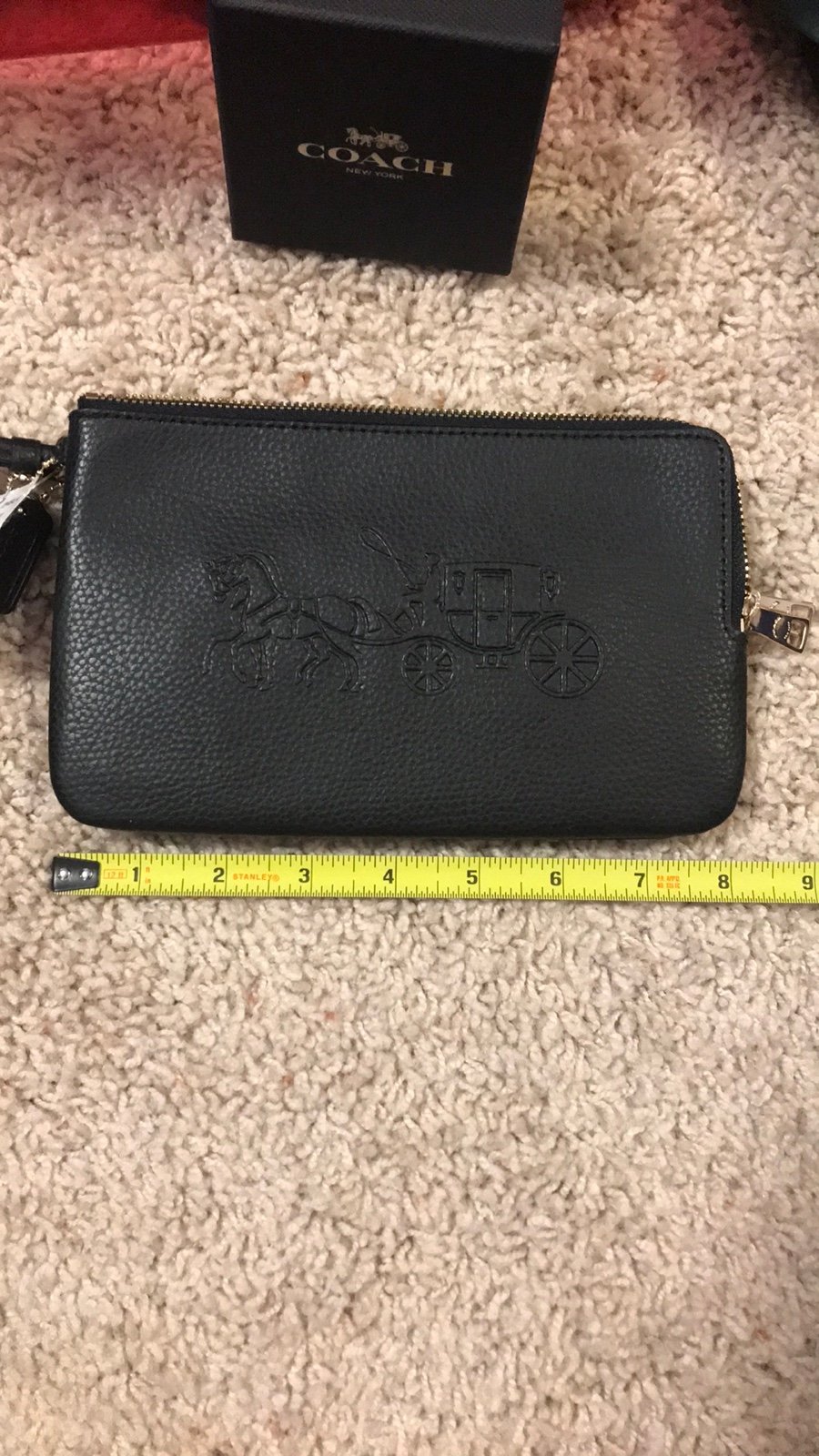 NWT Authentic Coach black buttery soft pebbled leather wristlet horse carriage