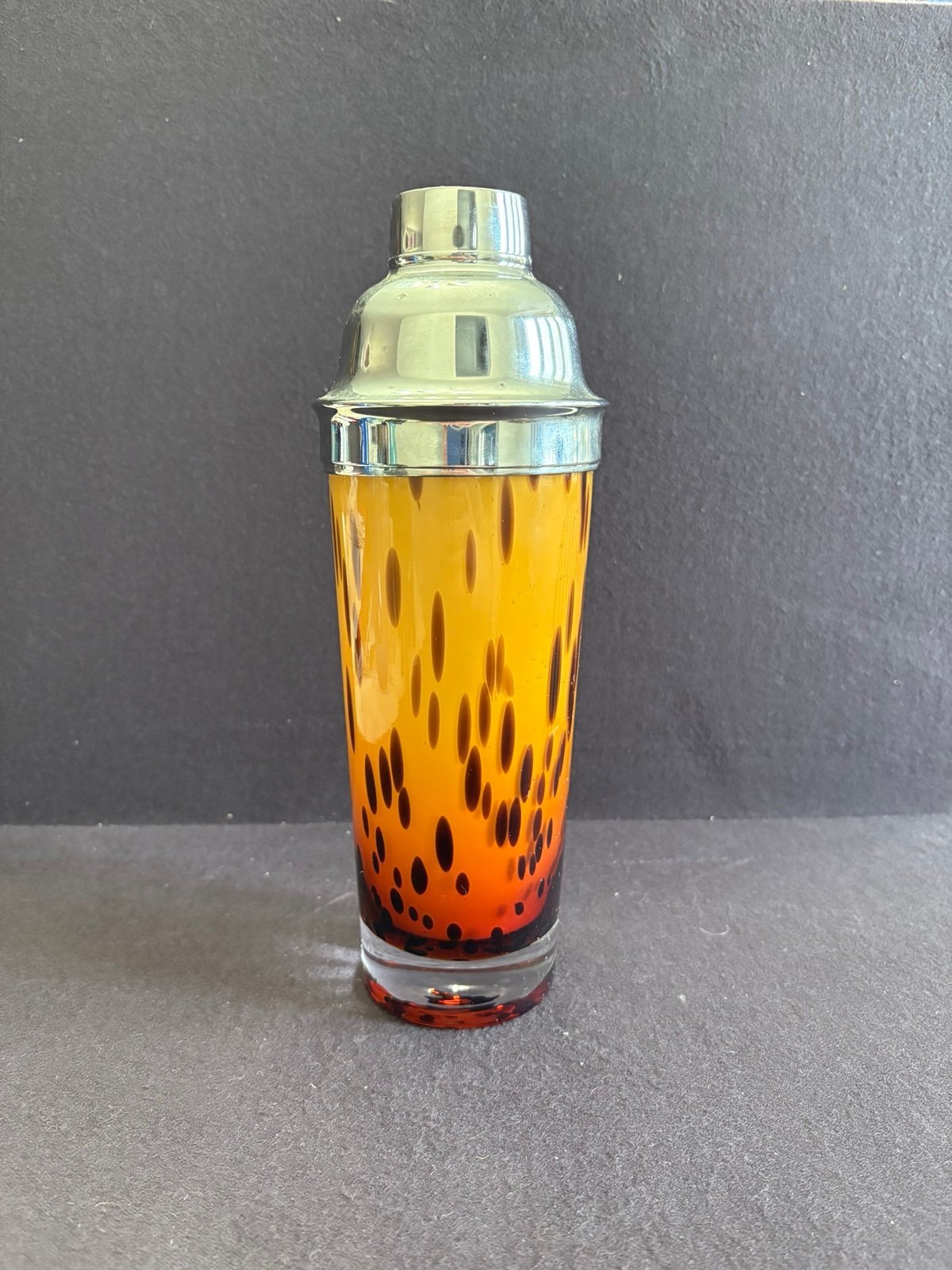 Vintage Hand Blown Heavy Tortoise Shell Glass Drink Shaker Chrome 10 3/4 tall.