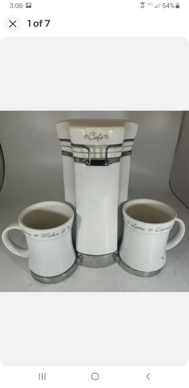 JO!E CAFE COFFEE CANISTER, 2 MUGS, SPOON and STAND ; RARE