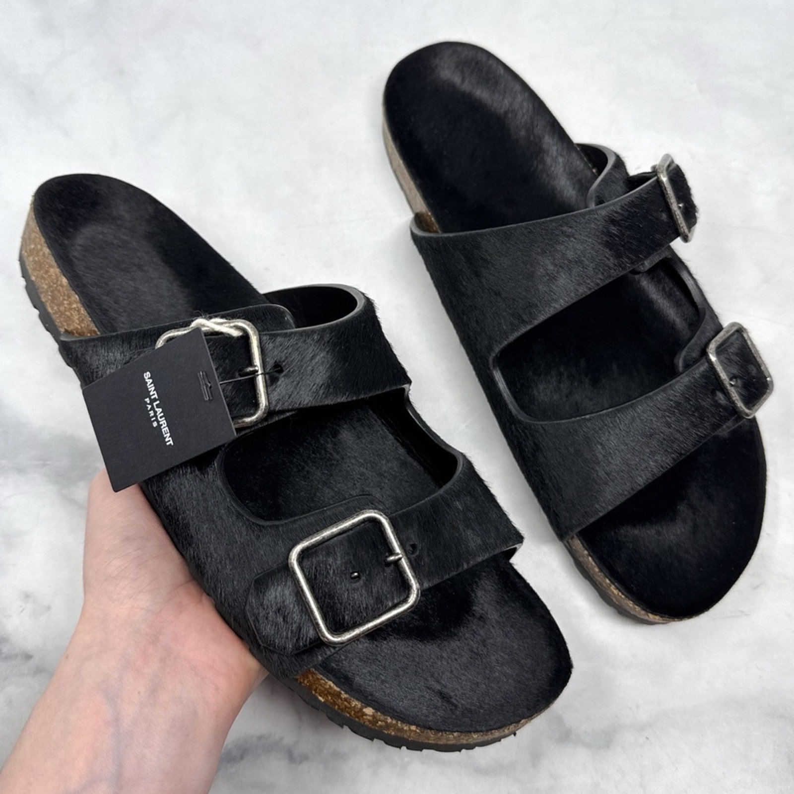 NWT Saint Laurent YSL Fabrice Calf Hair Fur Comfort Sandals Black Designer 41 10
