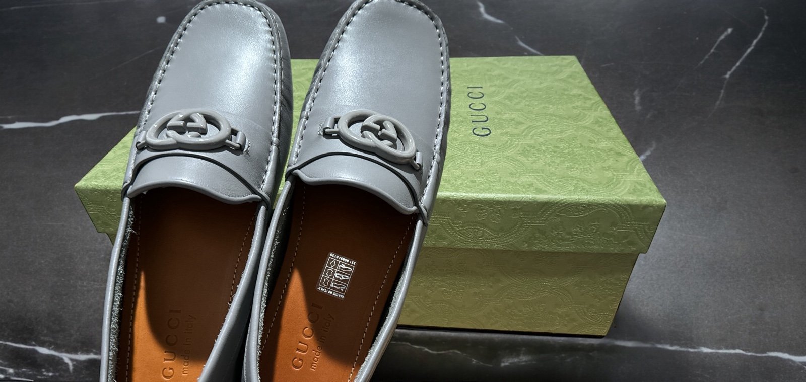 Gucci GG Logo Calf Leather Grey Men Driver Loafers 9