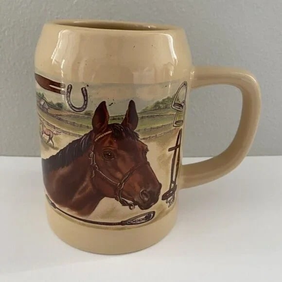 Horse Heads Riding Beer Stein Mug Earthenware