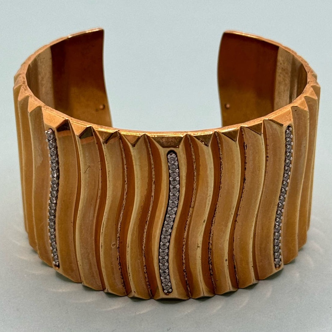 Rebecca Gold Tone 3D Rhinestone Trim Bangle Cuff Bracelet Made in Italy