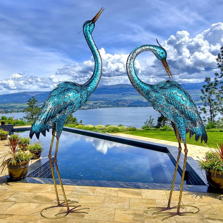 Garden Sculpture & Statues, Blue Heron Lawn Ornaments Standing Metal Cra