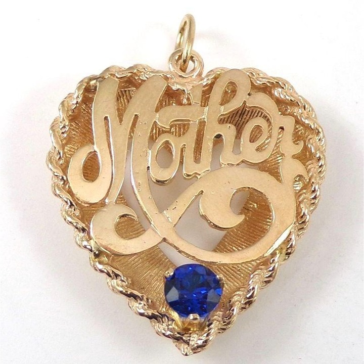 Heavy Solid 14K Yellow Gold Mother Mom Heart Blue Topaz 3D Heart Pendant