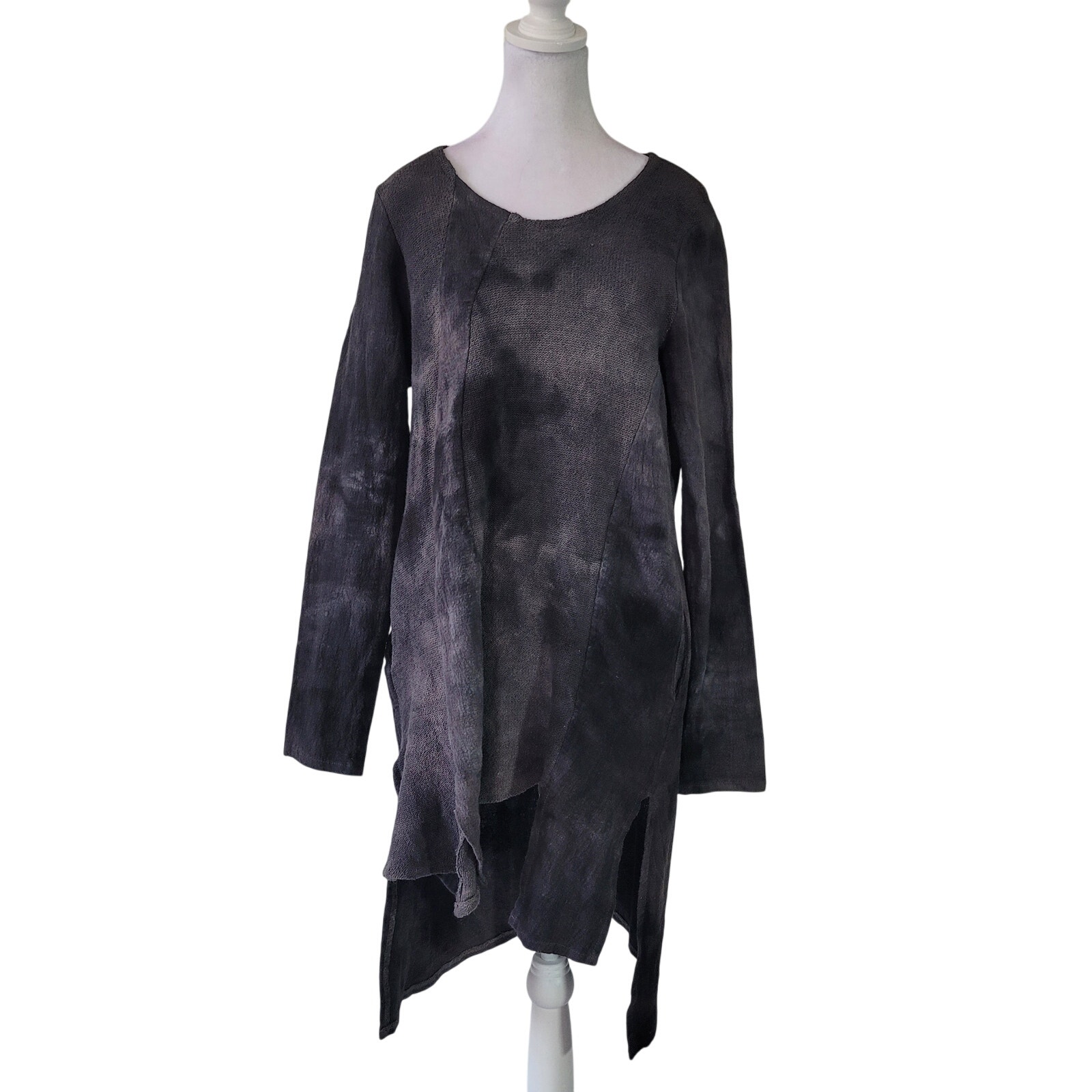 Muza Size M 100% Linen Dark Grey Asymmetrical Hem Long Sleeve Knee Length Dress
