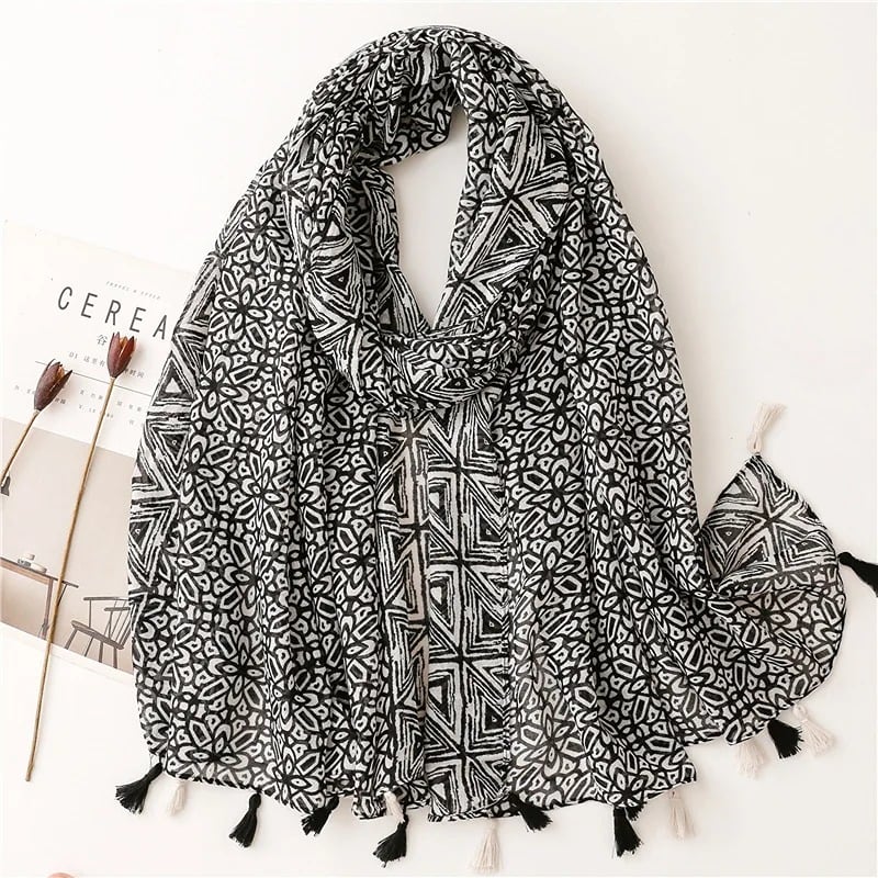 Soft Thin Scarf 100% Viscose Women Aztec Patchwork Floral Tassel Shawls and Wrap