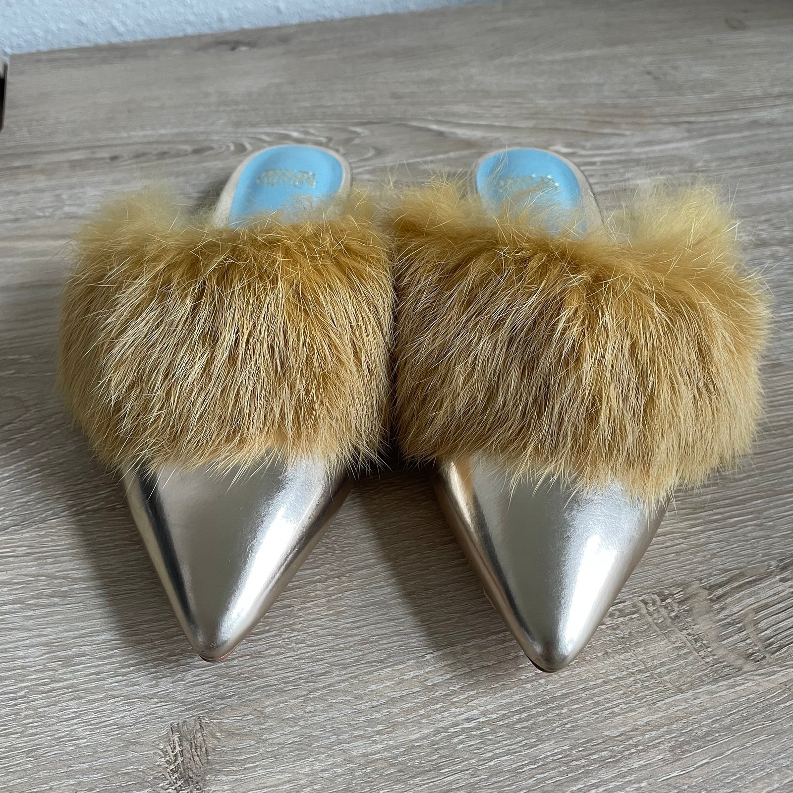 Frances Valentine Paloma Women Slip On Mule Gold Size 6.5 Luxury Metallic Fur