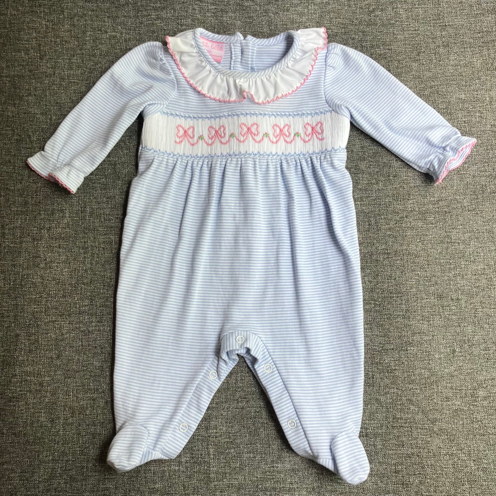 Petit Bebe Girl’s Bow Long Footie Blue Stripe Hand Smocked Boutique Romper 6M