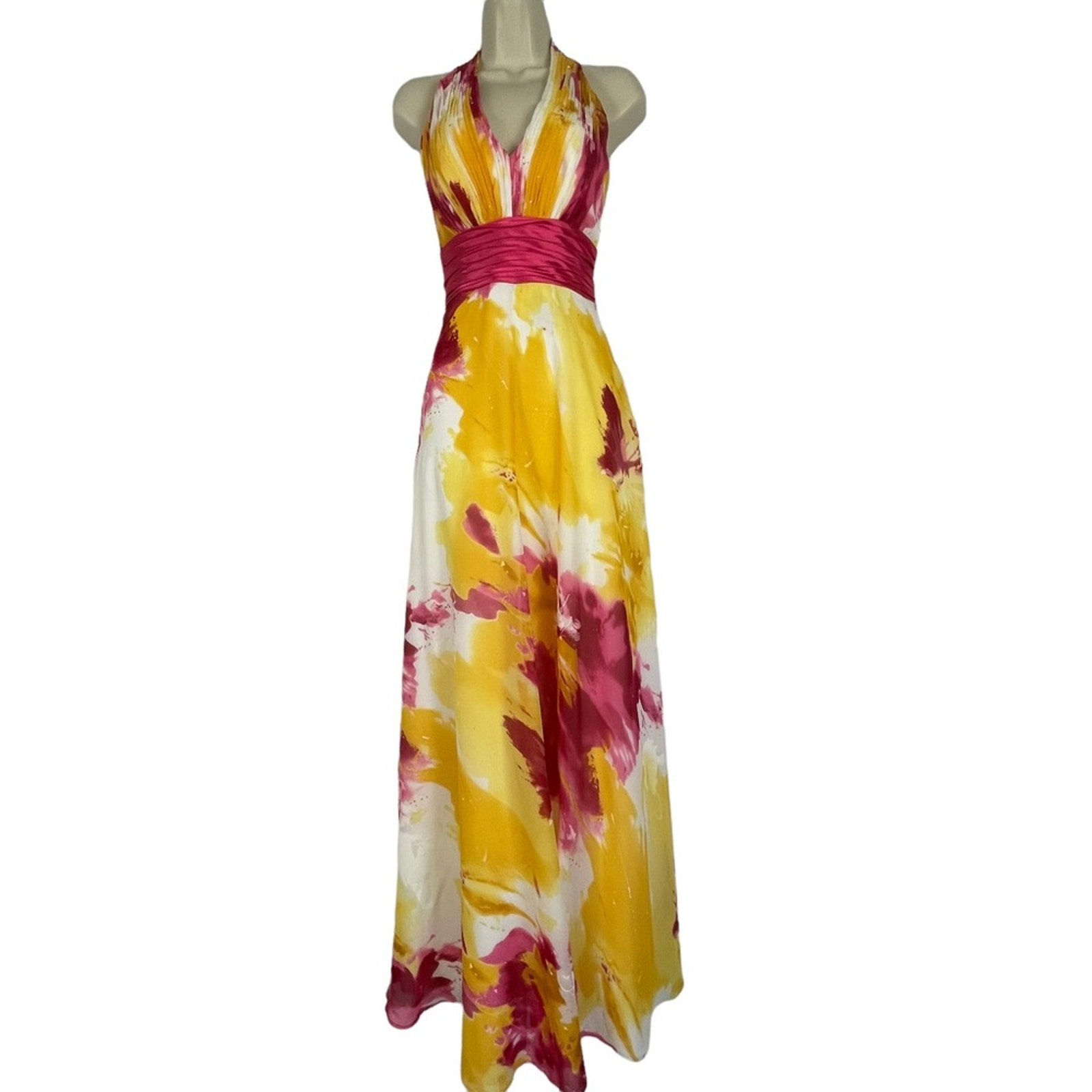 Camille La Vie Halter Gown Backless Hot Pink Yellow Size 2