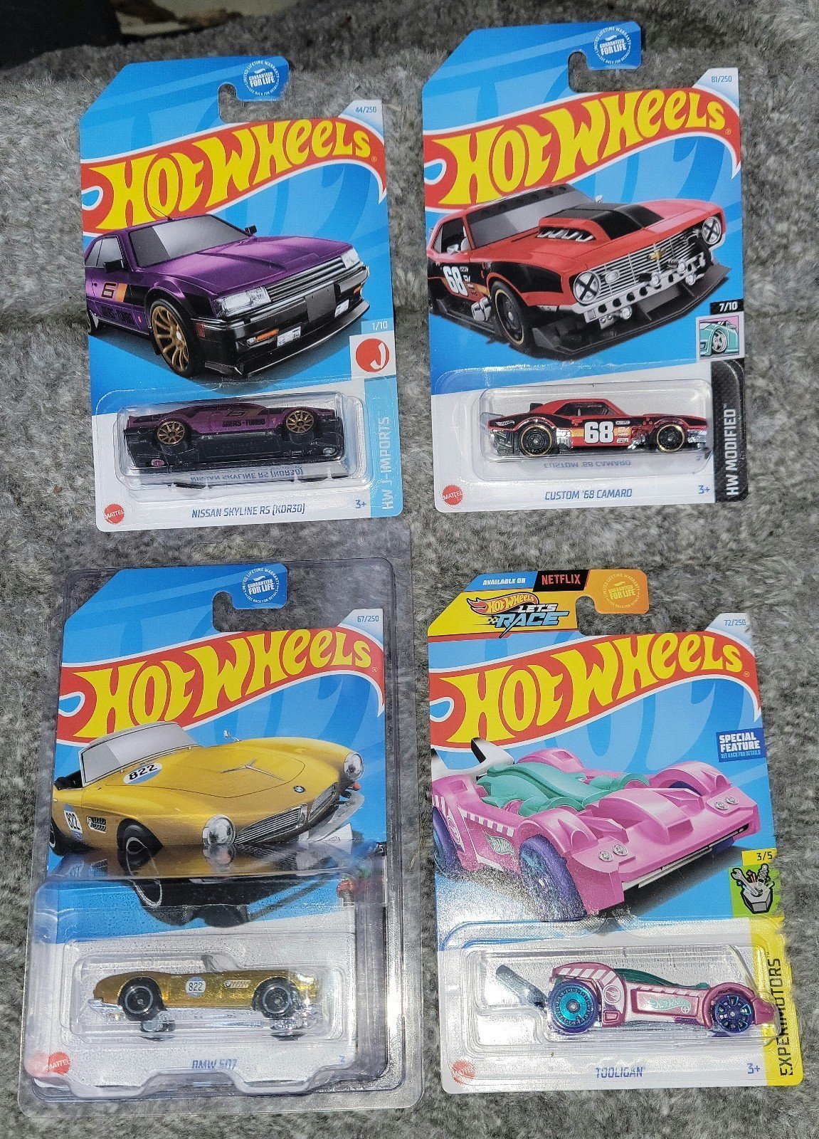 Hot Wheels BMW 507, Tooligan TH, Nissan Skyline RS, and Custom ''68 Camaro Set