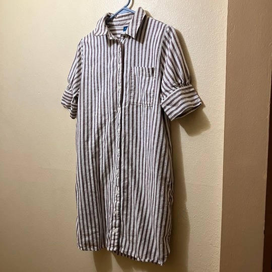 Old Navy Puff-Sleeve White/Tan Linen-Blend Shirt Dress Stripe ShortSleeve Medium