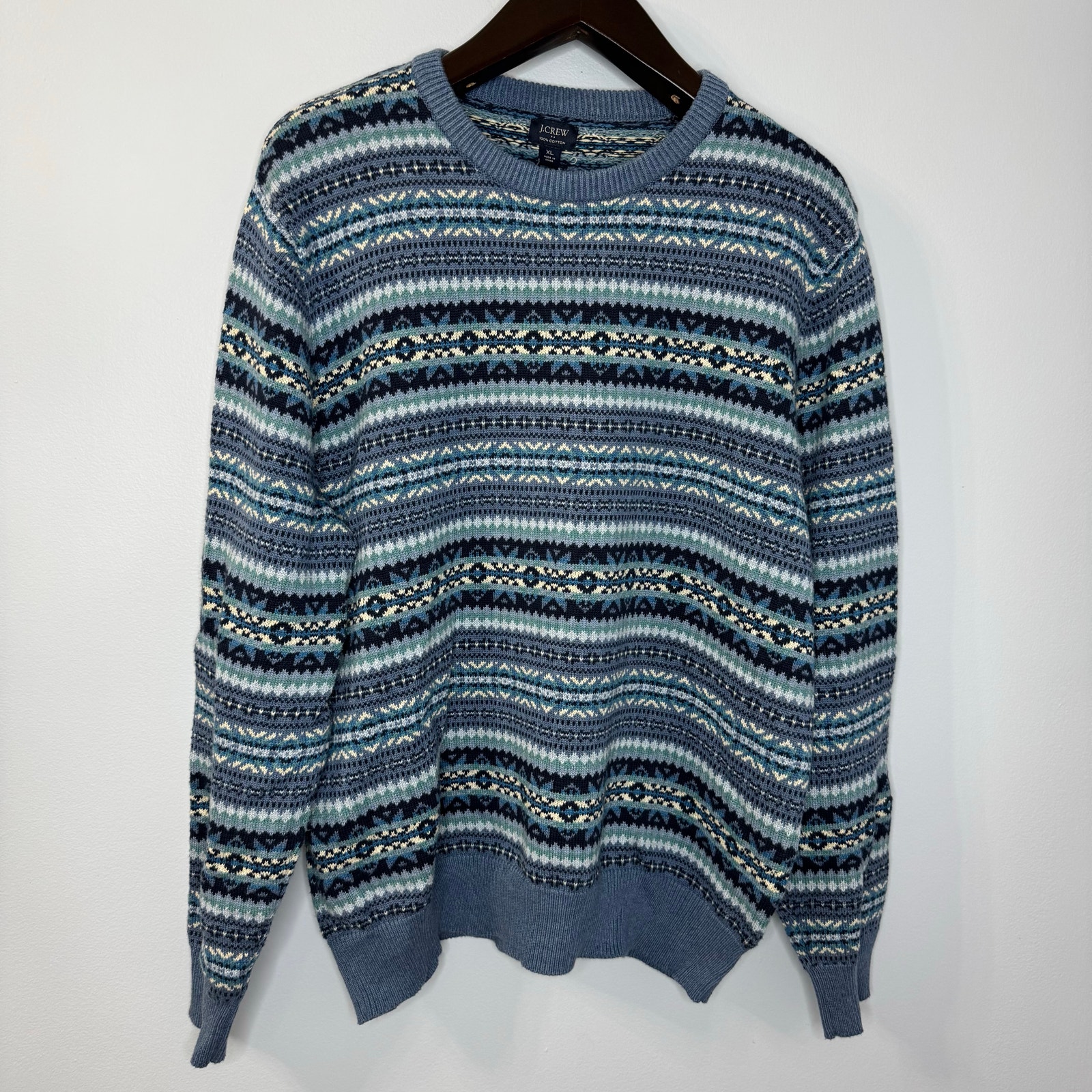 J. Crew Cotton Fair Isle Crewneck Sweater Preppy Blue Men's XL