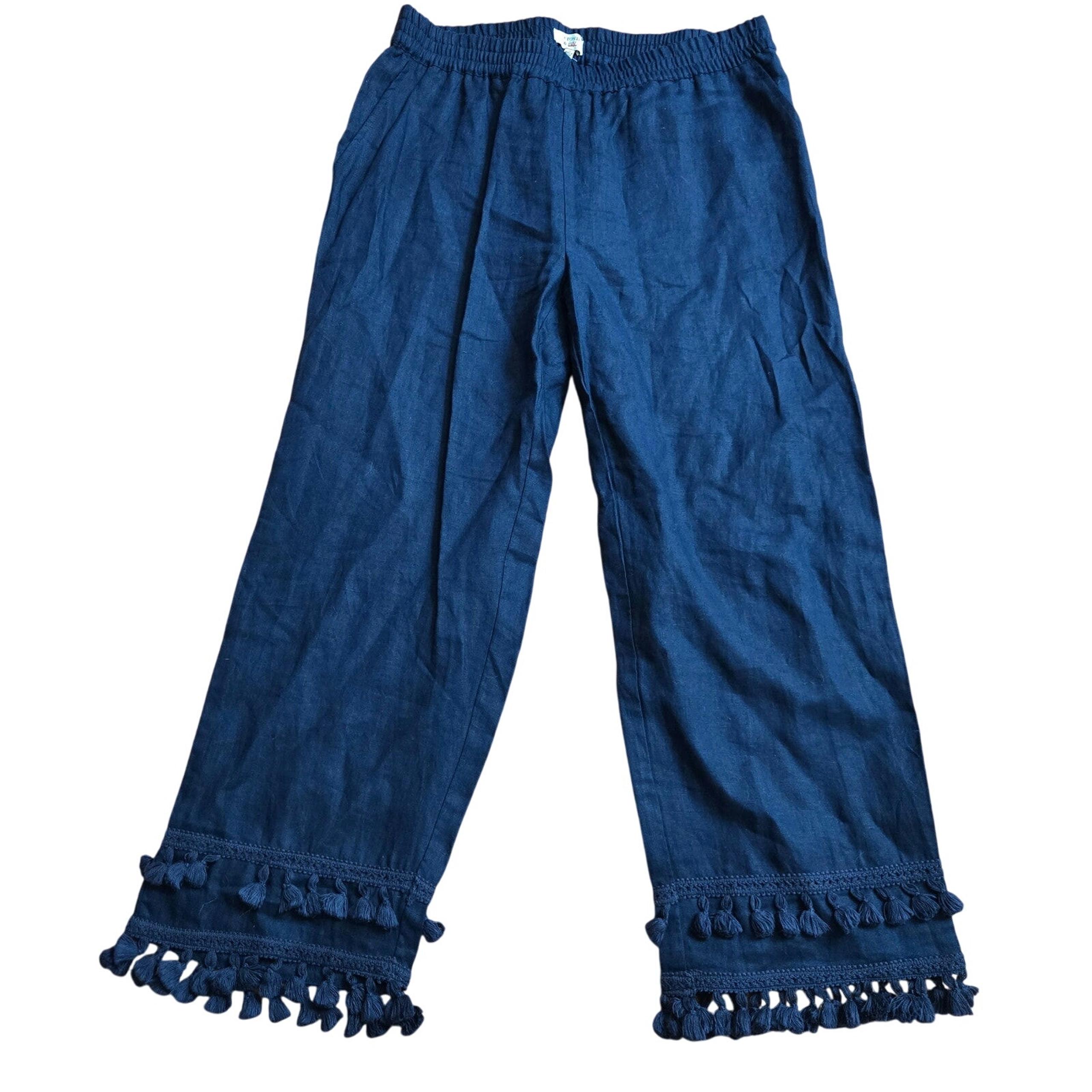 Crown & Ivy Womens Pull-on Linen Tassel Cropped Pants Navy Size M Boho Beachy