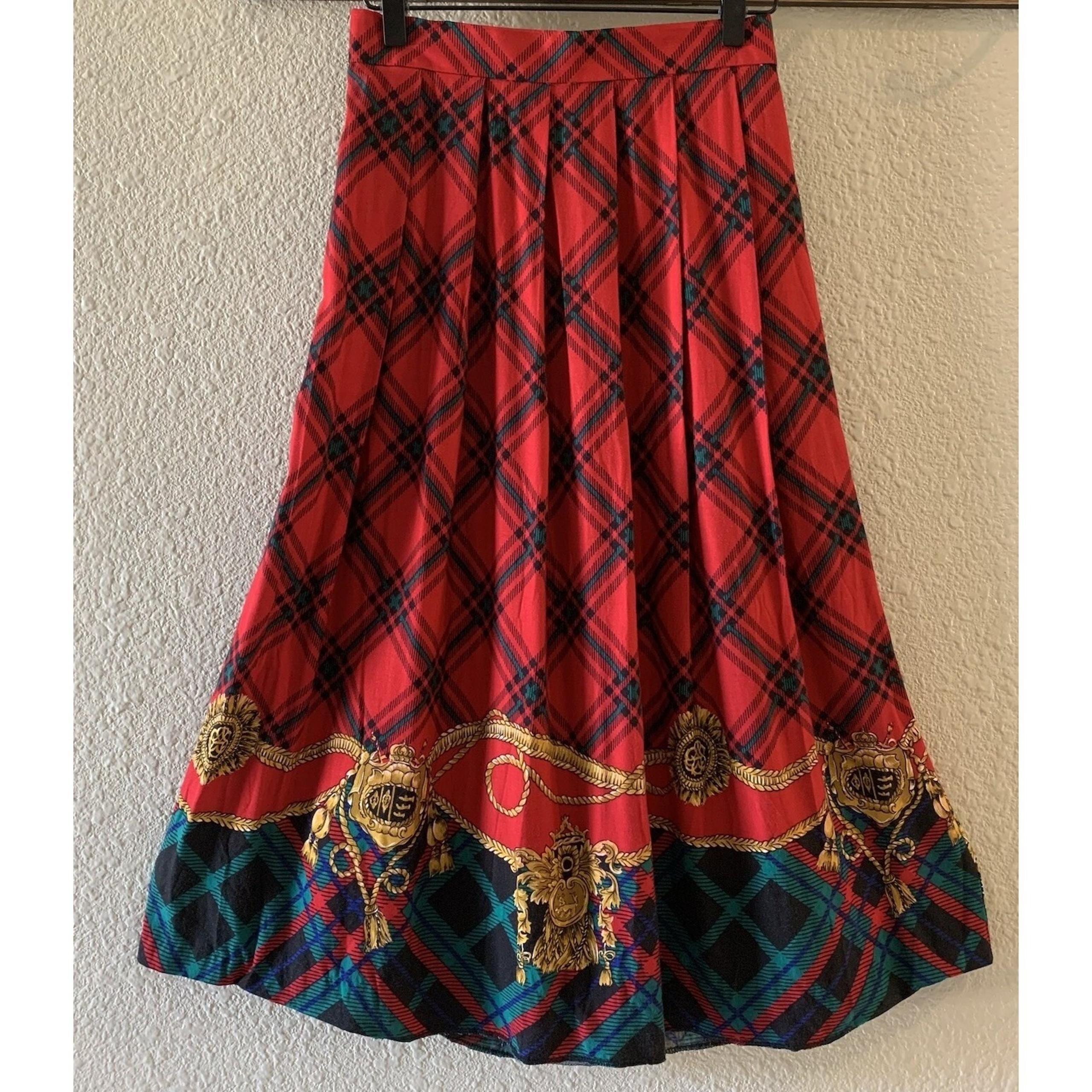 VTG Koret Women's Sz 10 Tartan Plaid Print Crest Border Pleated A-Line Skirt