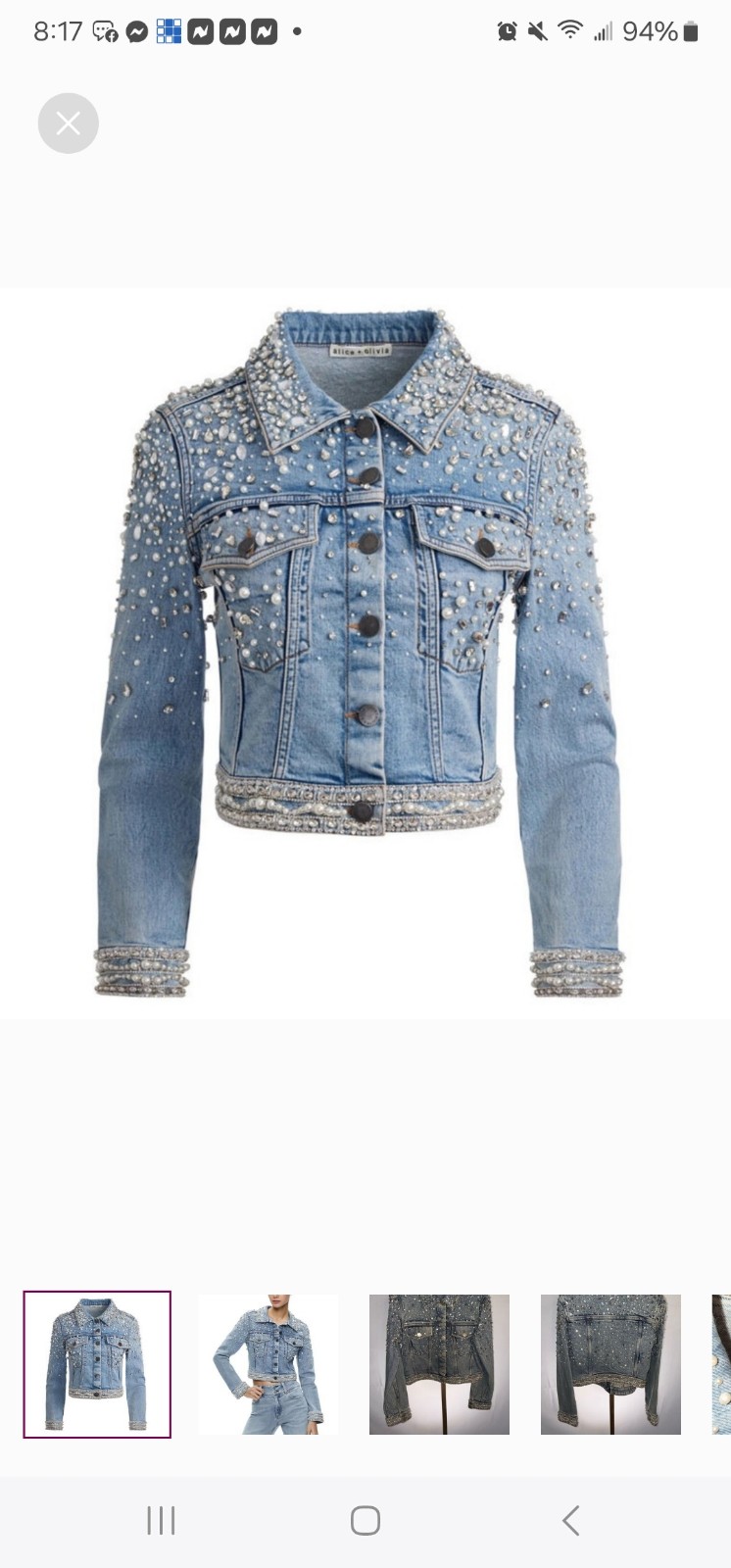 Alice + Olivia Nelson Embellished Fitted Denim Jacket • Sz XS •MSRP 895