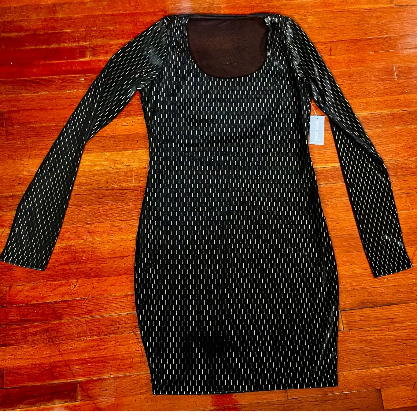 Vintage Y2K Deadstock Wetseal Black Gold Bodycon Long Sleeve Mini Dress Medium