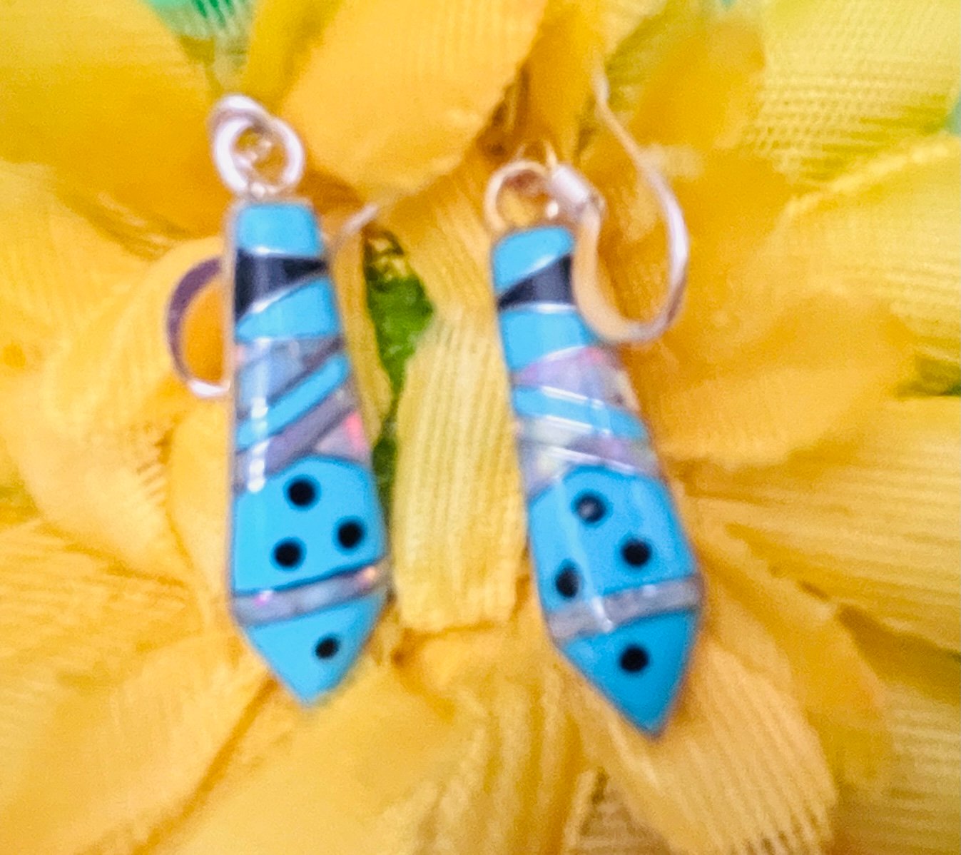 Navajo Sterling Turquoise Opal Onyx Earrings #183 signed