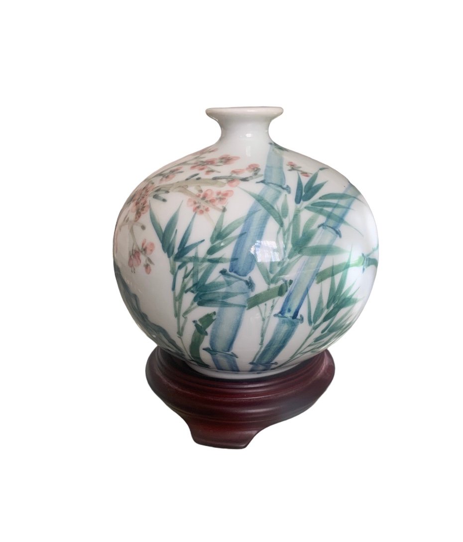 Japanese Pomegranate Style Vase on Stand White W Bamboo & Cherry Blossom Design