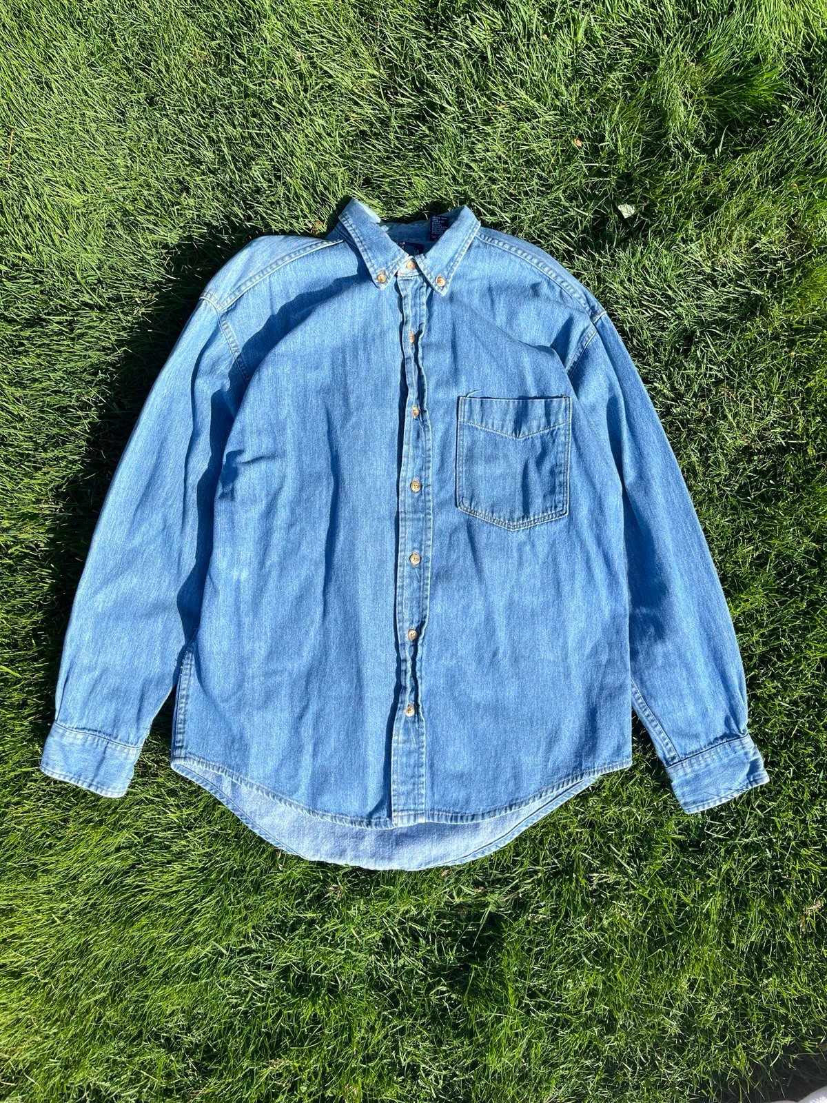 VTG 90s Gap Denim Button Down Shirt Mens Large Blue Pocket Made USA
