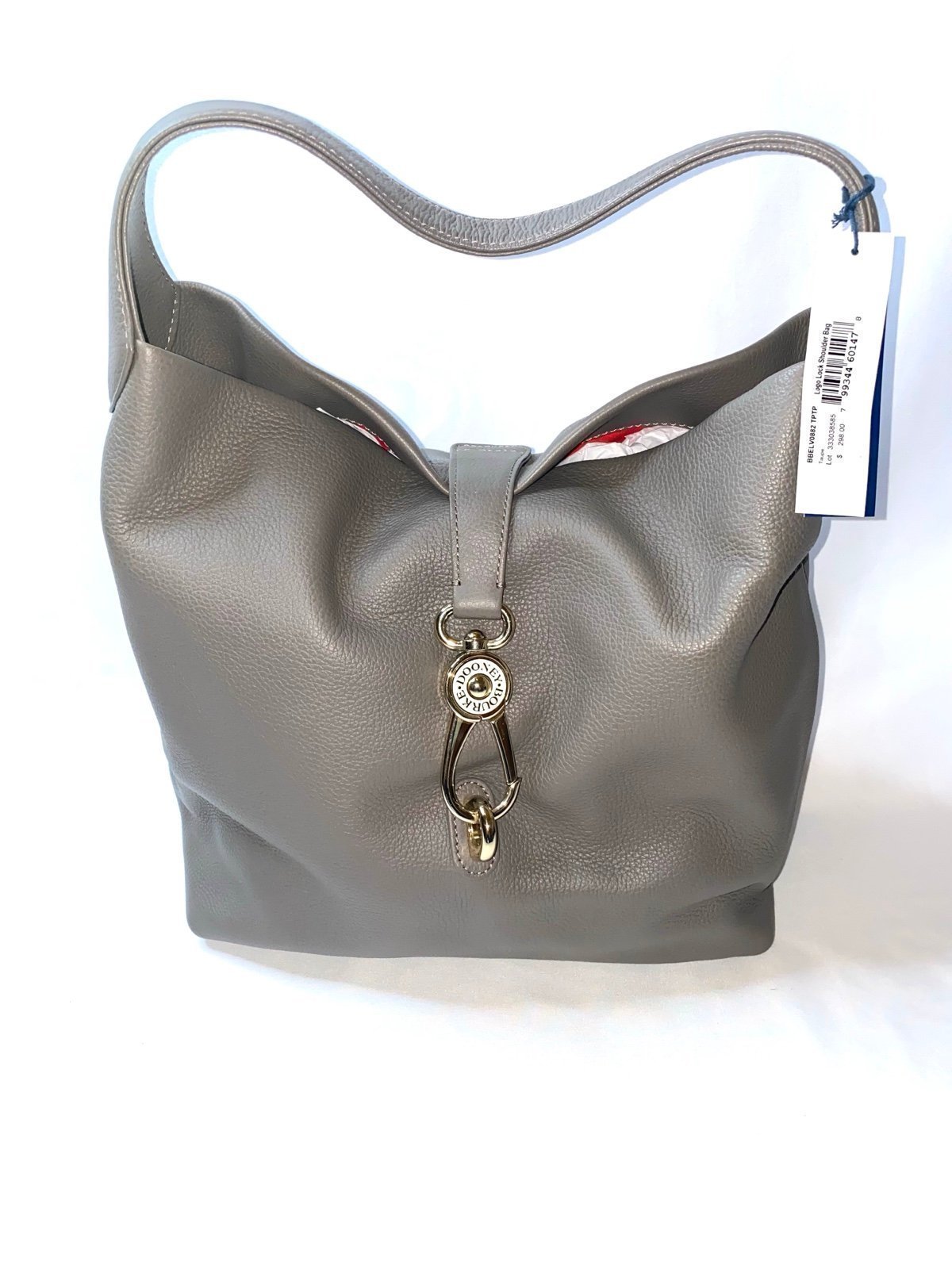 Dooney & Bourke Taupe Logo Lock Pebble Leather Shoulder Bag. Gray Hobo Purse