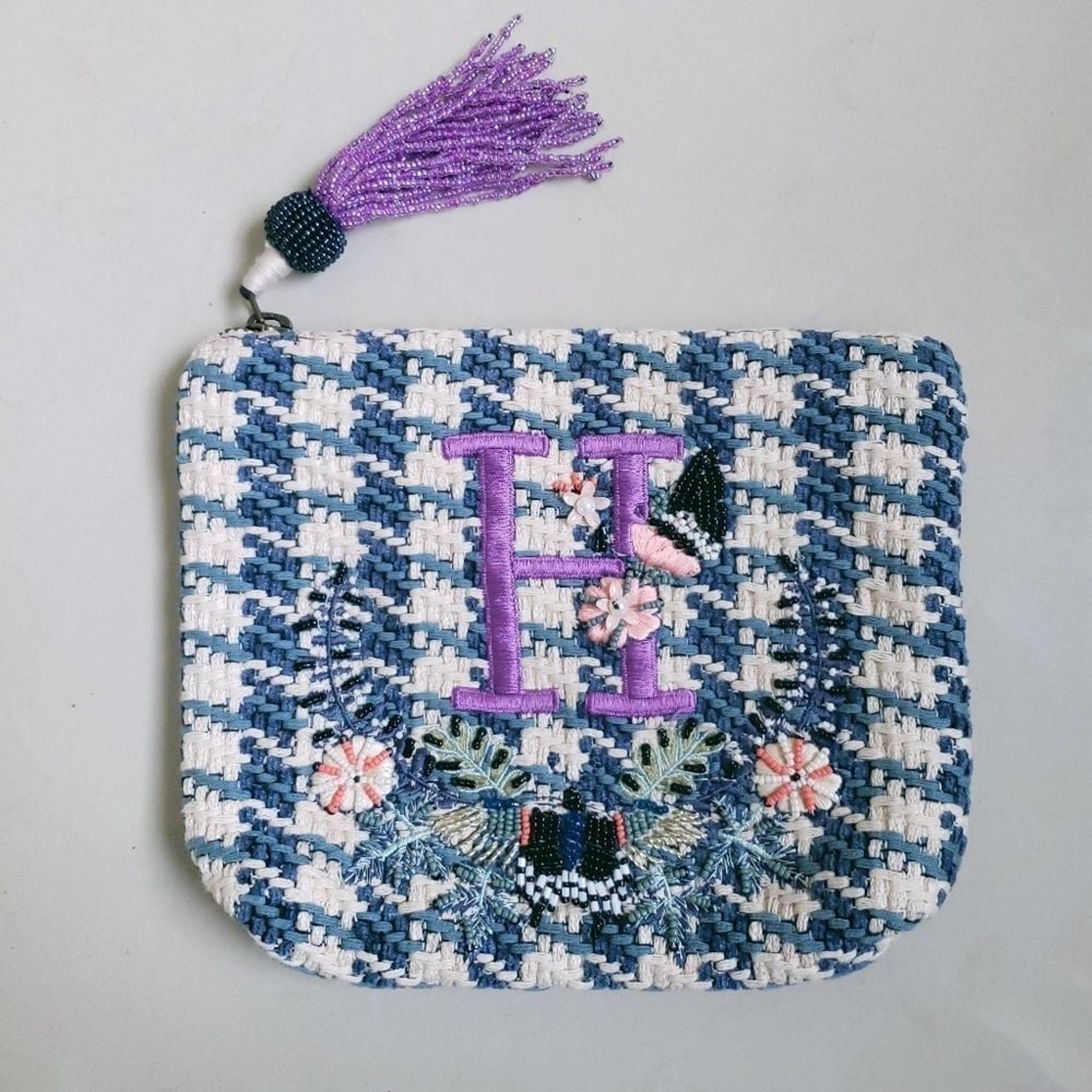 Anthropologie H Monogram Square Beaded Embroidered Knit Pouch