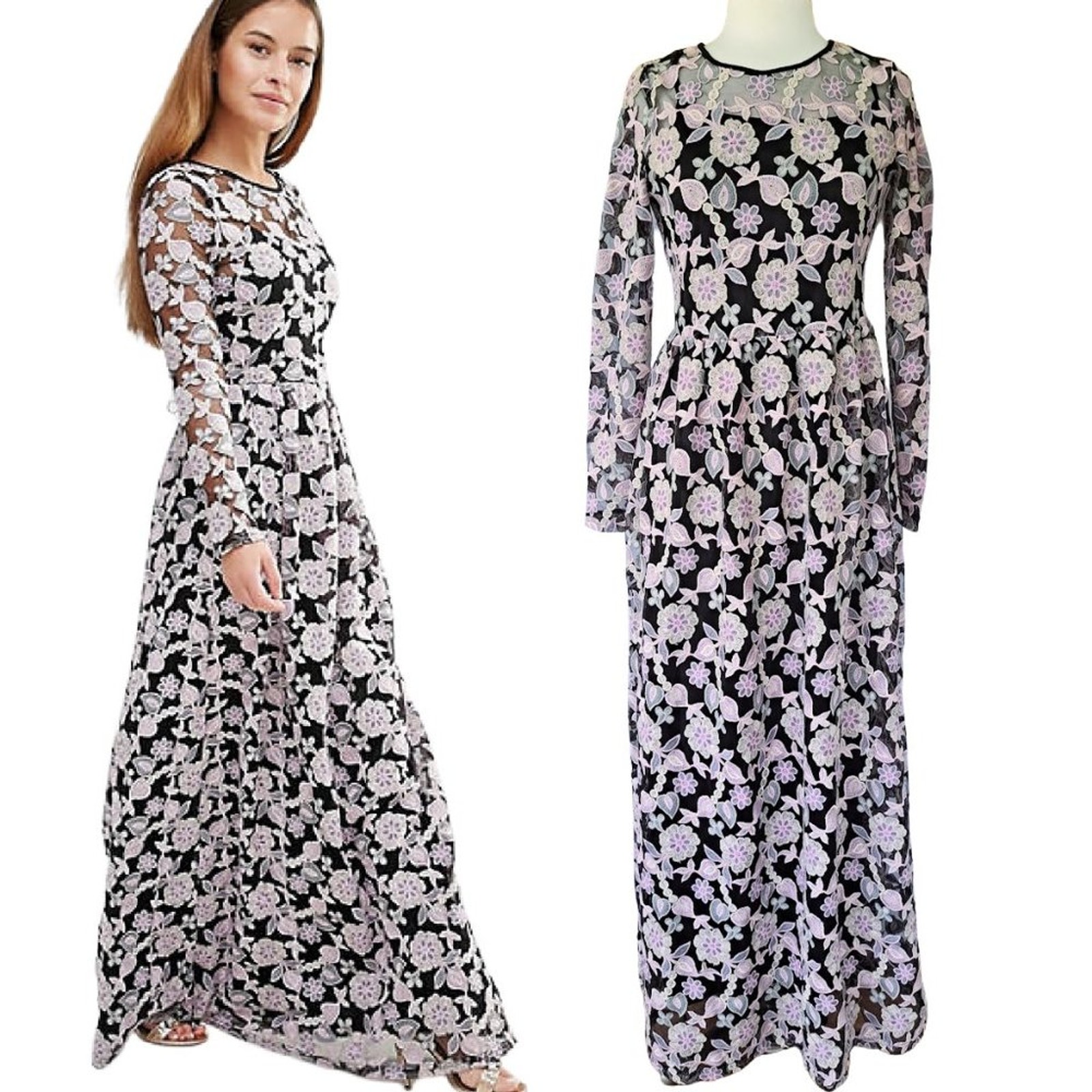 ASOS True Decadence All Over Floral Embroidered Lace Maxi Dress 8P Pink Black