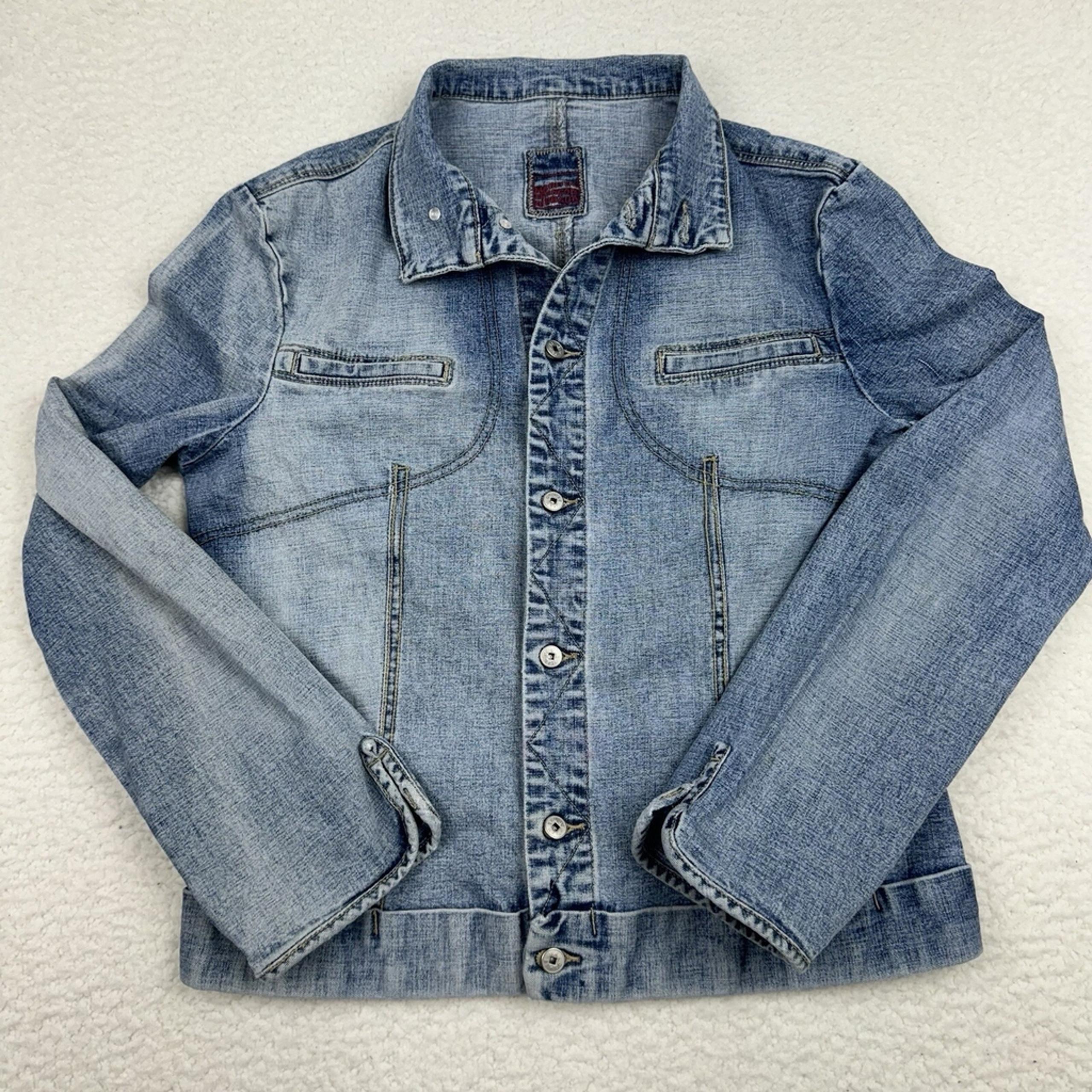 VTG Marithe Francois Girbaud Denim Jean Jacket Women's Large Slit Cuff Blue Y2K